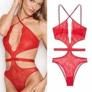 Victoria’s Secret Very Sexy Ruby Red Chantilly Lace Teddy Bodysuit L Boudoir